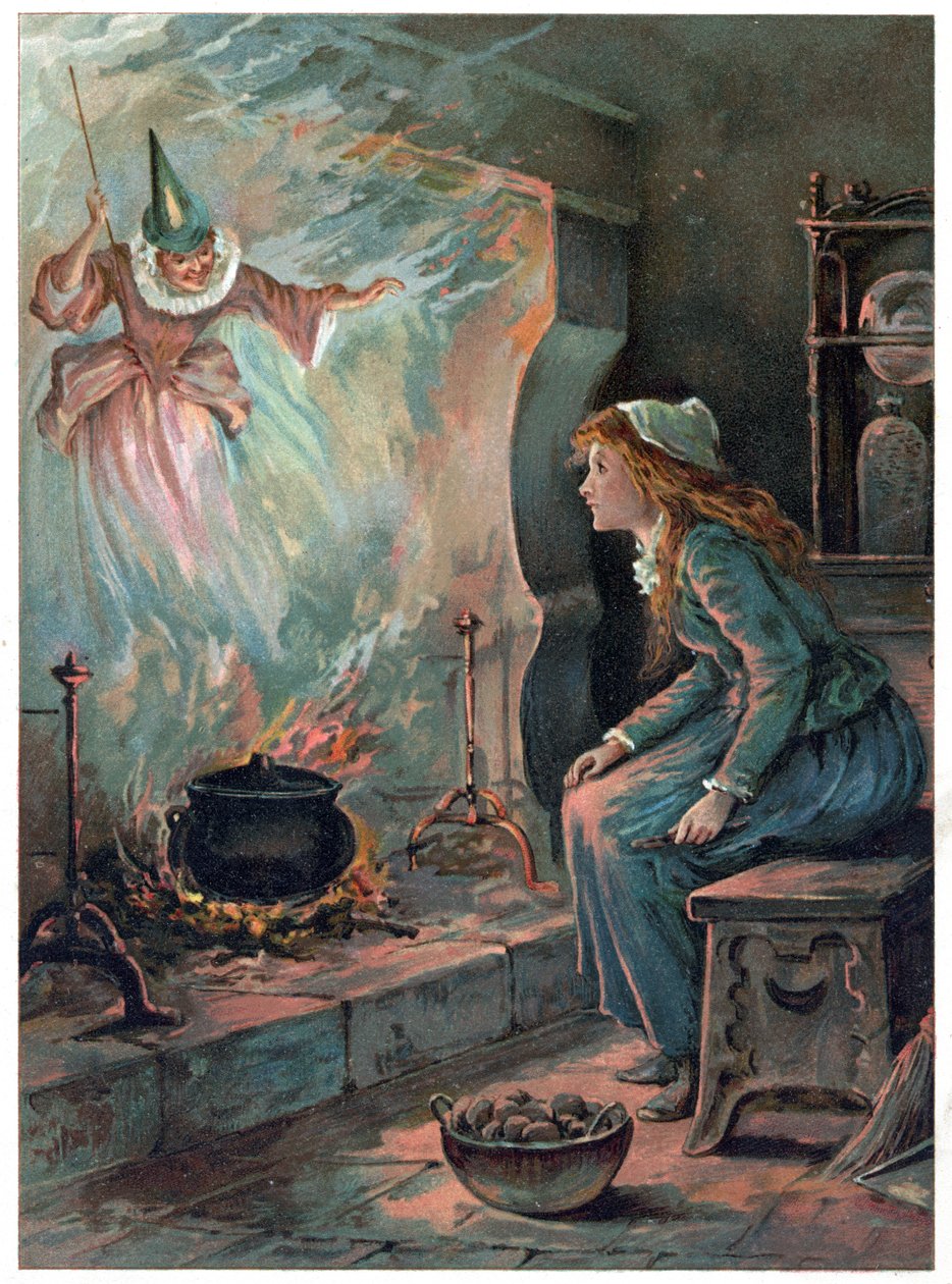 Askungen och gudmodern, illustration från "Once Upon a Time" publicerad av Ernest Mister, ca 1900 (lito i färg) av Robert Ambrose Dudley