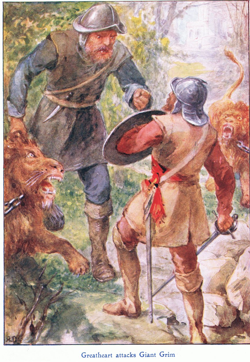 Great Heart attacks Giant Grim, från The Pilgrims Progress publicerad av John F Shaw & Co, ca 1900-talet (färg litho) av Robert Ambrose Dudley