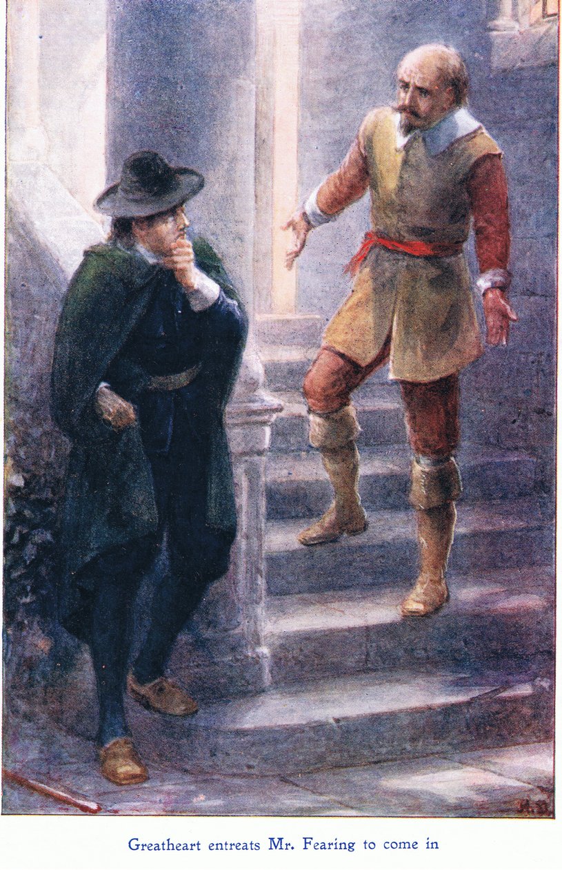 Great Heart vädjar till Mr Fearing att komma in, från The Pilgrims Progress publicerad av John F Shaw & Co, c.1900-talet (färg litho) av Robert Ambrose Dudley
