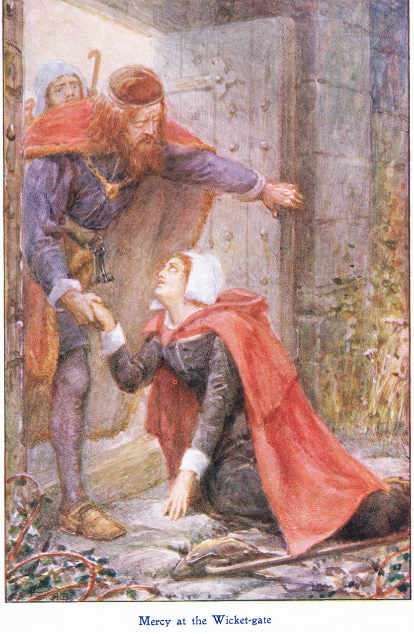 Mercy at the Wicker Gate, från The Pilgrims Progress publicerad av John F Shaw & Co, c.1900-talet (färg litho) av Robert Ambrose Dudley