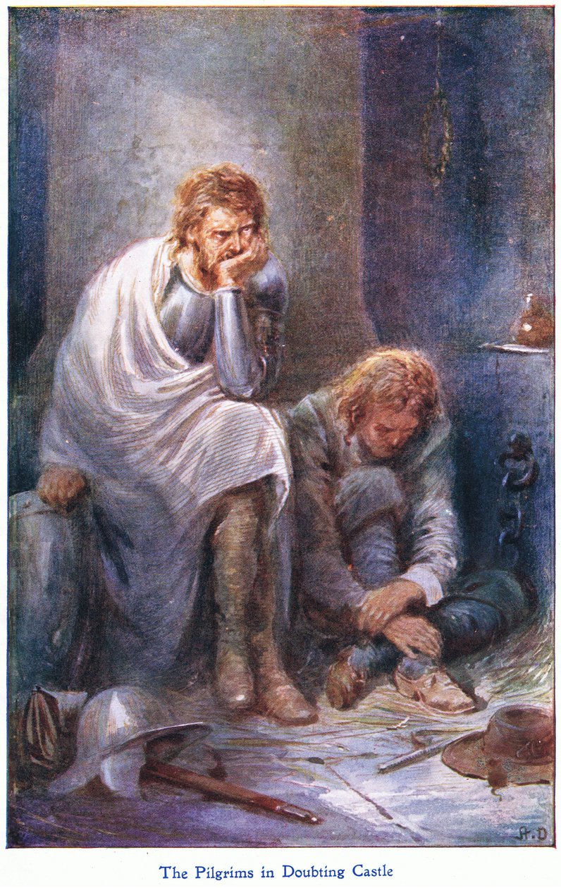 The Pilgrims in Doubting Castle, från The Pilgrims Progress publicerad av John F Shaw & Co, c.1900-talet (litho i färg) av Robert Ambrose Dudley