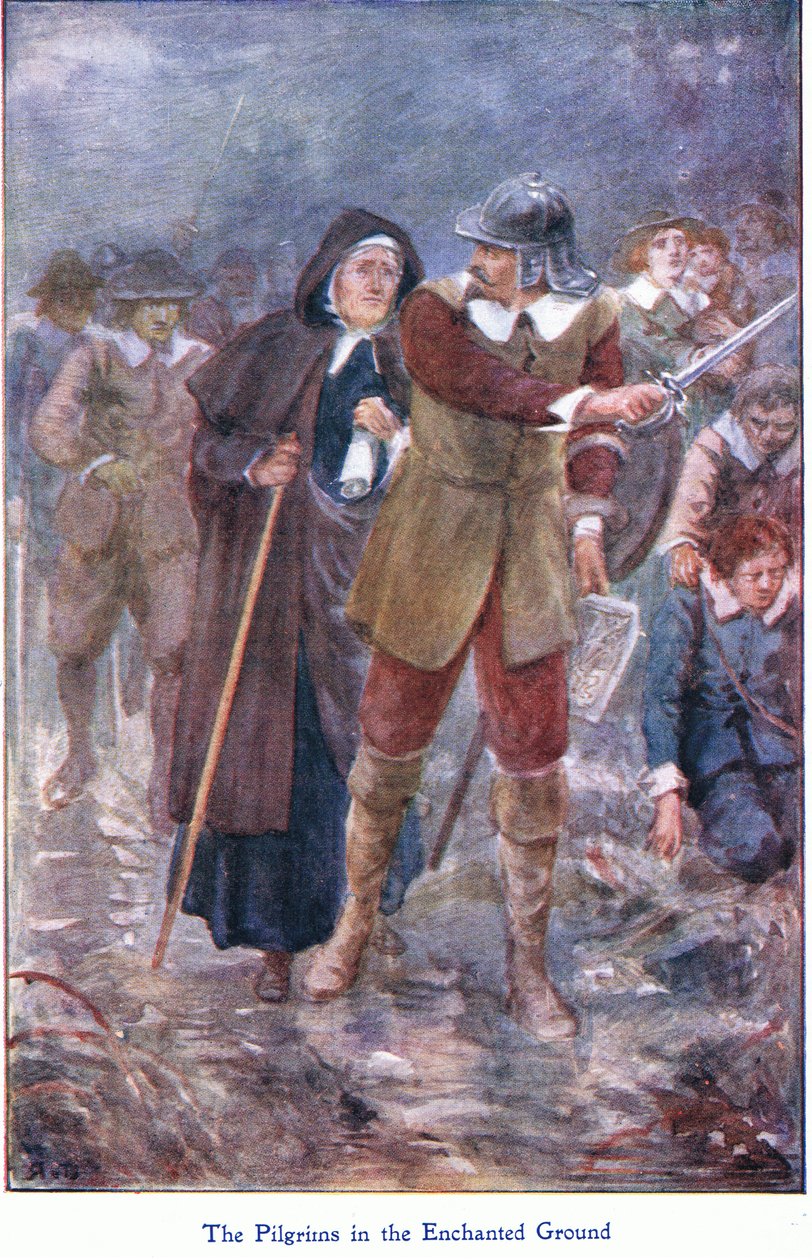 The Pilgrims in the enchanted ground, från The Pilgrims Progress publicerad av John F Shaw & Co, c.1900-talet (färg litho) av Robert Ambrose Dudley