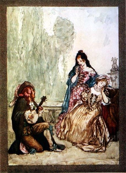 Och medan jag sjunger Euphelias lov, fäster jag min själ på Chloes ögon, från Palgraves Golden Treasury, publicerad 1907 (färg litho) av Robert Anning Bell