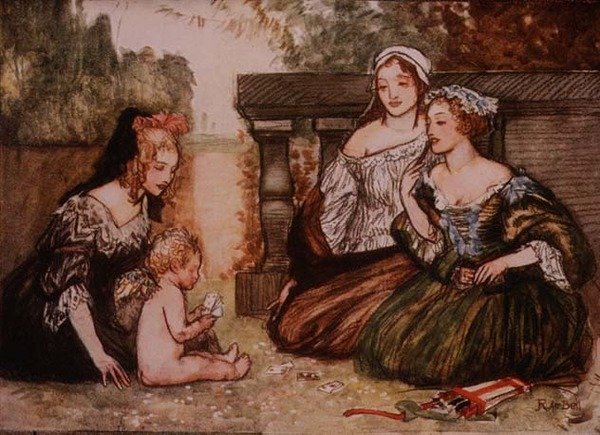 Amor och min Campaspe spelar kort för kyssar, från Palgraves gyllene skattkammare, publicerad 1907 (färglitografi). av Robert Anning Bell