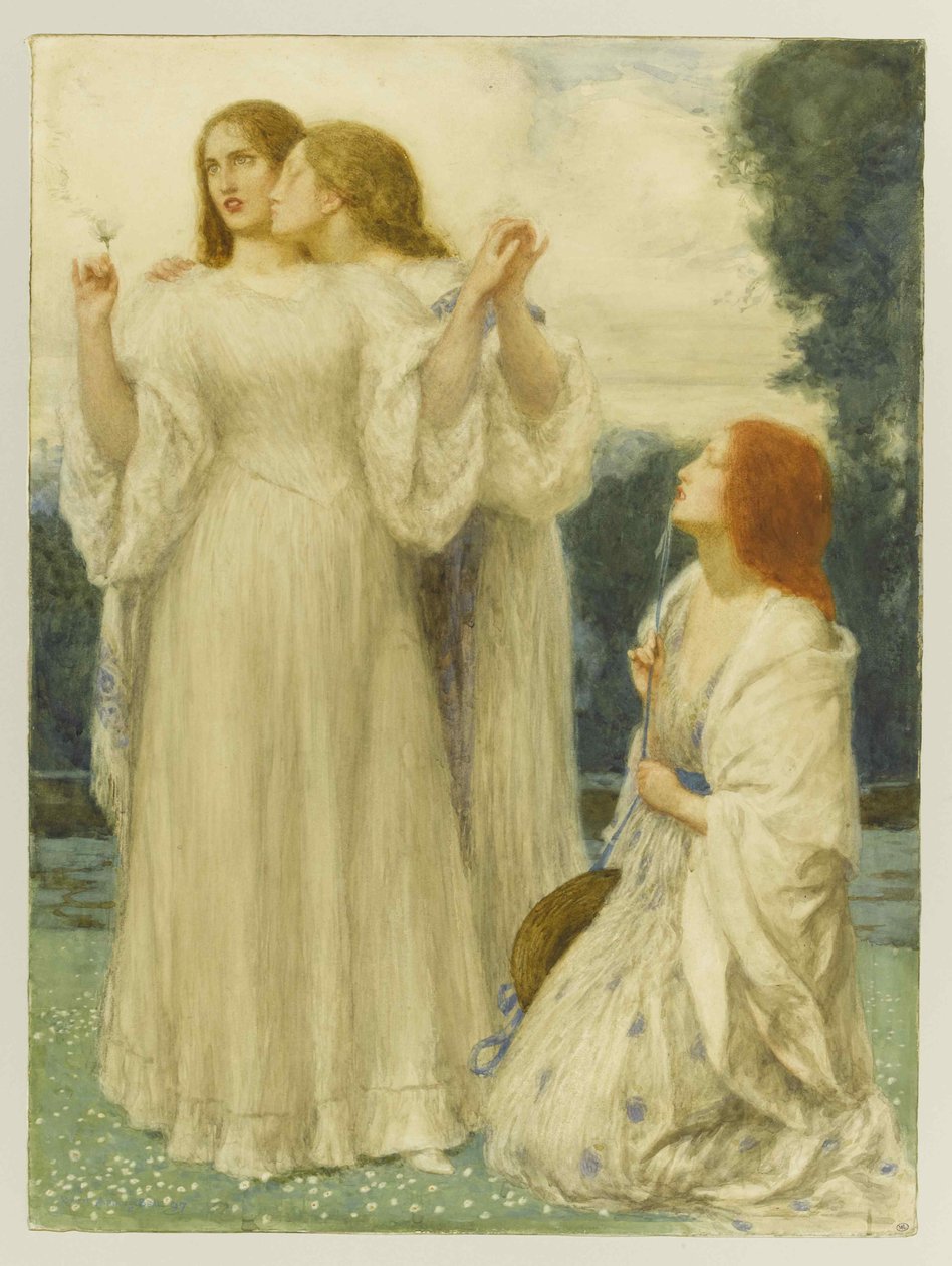 Oraklet: Tre unga kvinnor i en park, 1897. av Robert Anning Bell