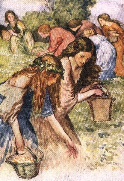 Det finns en äng vid flodens sida, en flock nymfer som jag råkade titta på, från Palgraves Golden Treasury, publicerad 1907 (färg litho) av Robert Anning Bell