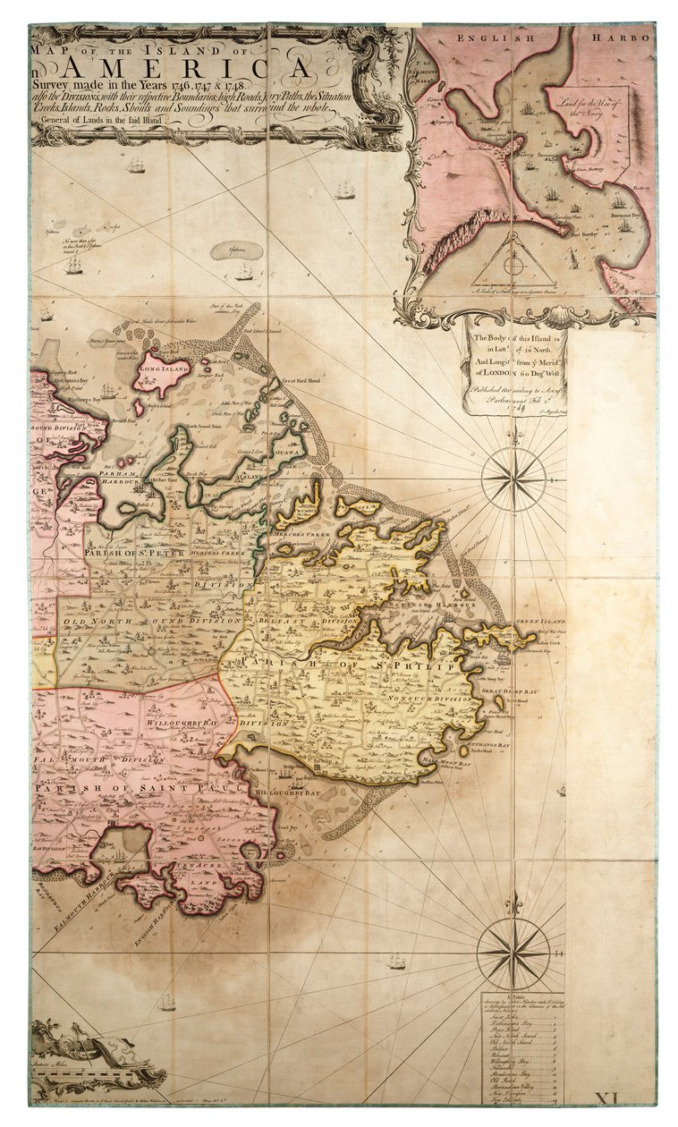 En ny och exakt karta över ön Antigua i Amerika, enligt en uppmätning som gjordes åren 1746-1748, ca 1749 (kolorerad gravyr) av Robert Baker