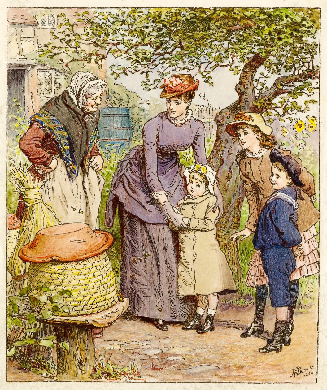 Mor och barn vid en bikupa, pub. 1854. av Robert Barnes