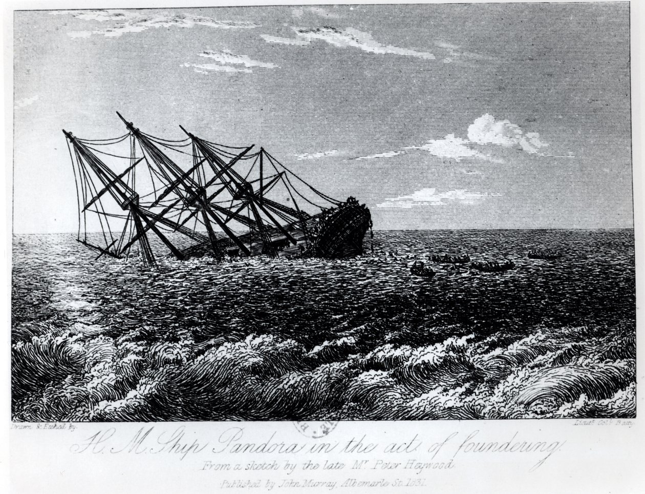 H.M. Pandora som går på grund, från "The Eventful History of the Munity and Piratical Seizure of H.M.S. Bounty: its cause and consequences" av John Barrow, publicerad av John Murray 1835. av Robert Batty