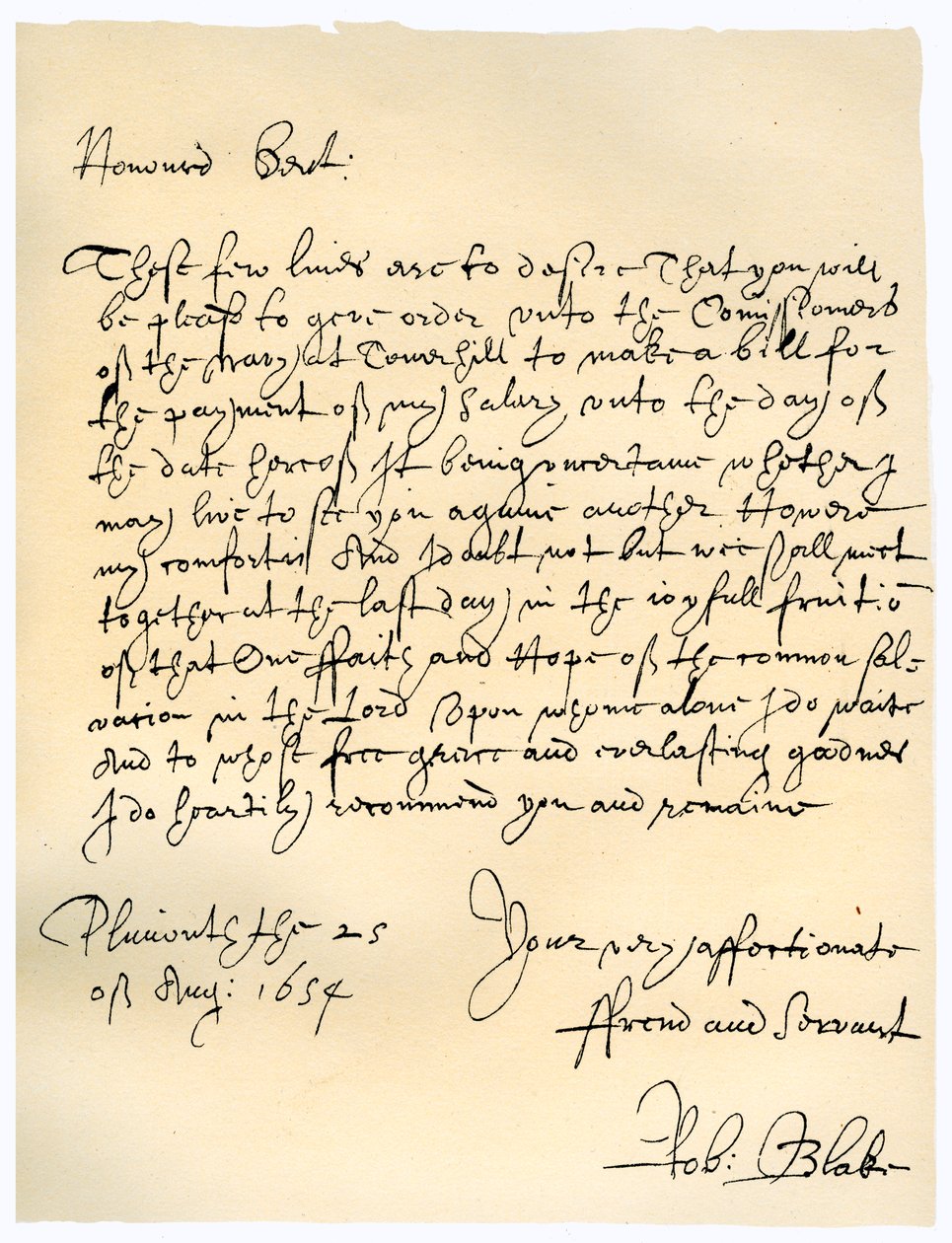 Brev från amiral Robert Blake till amiralitetets kommissionärer, 25 augusti 1654. av Robert Blake