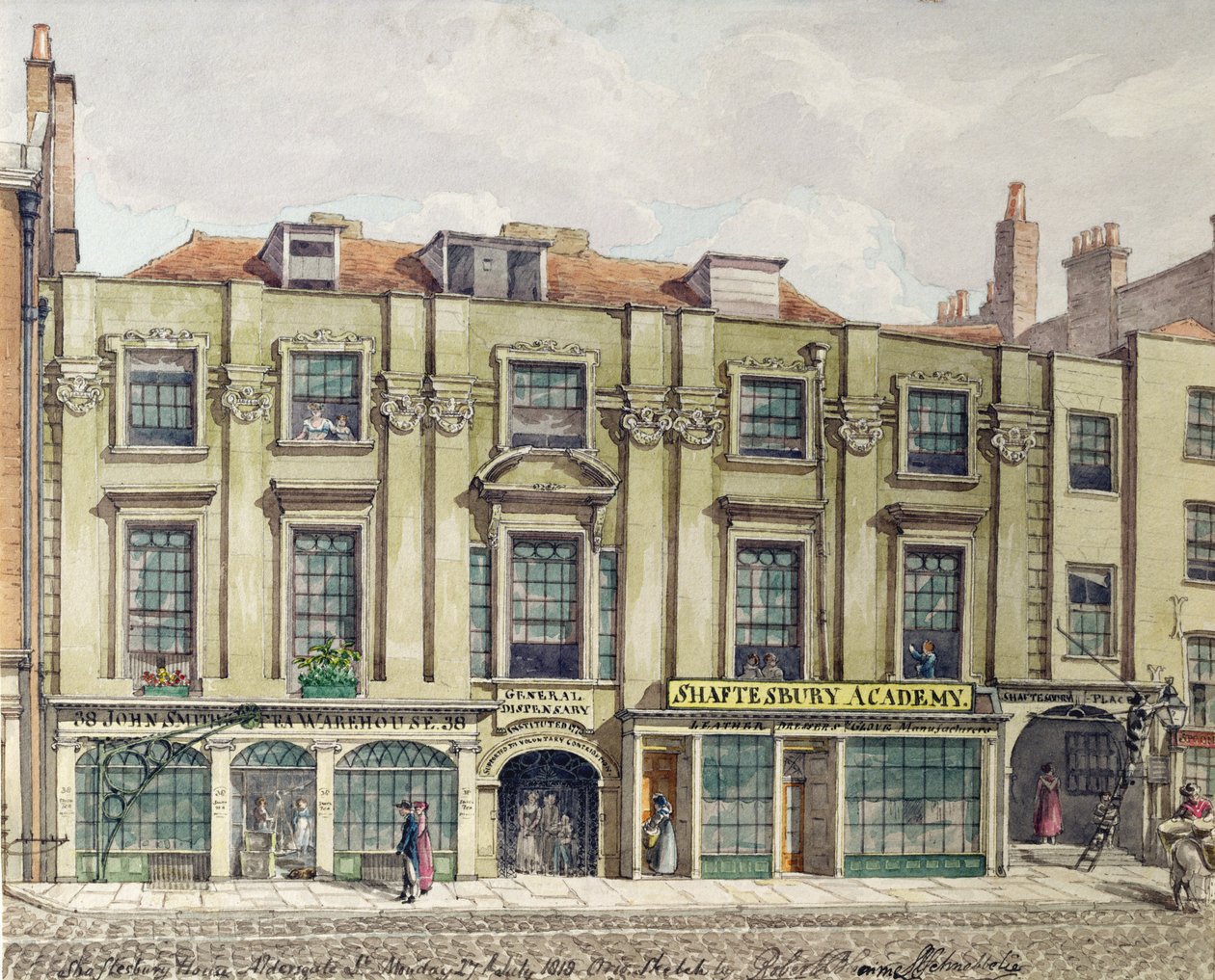 Shaftesbury House, Aldersgate Street, London, 1819 (wc-skiss) av Robert Blemell Schnebbelie