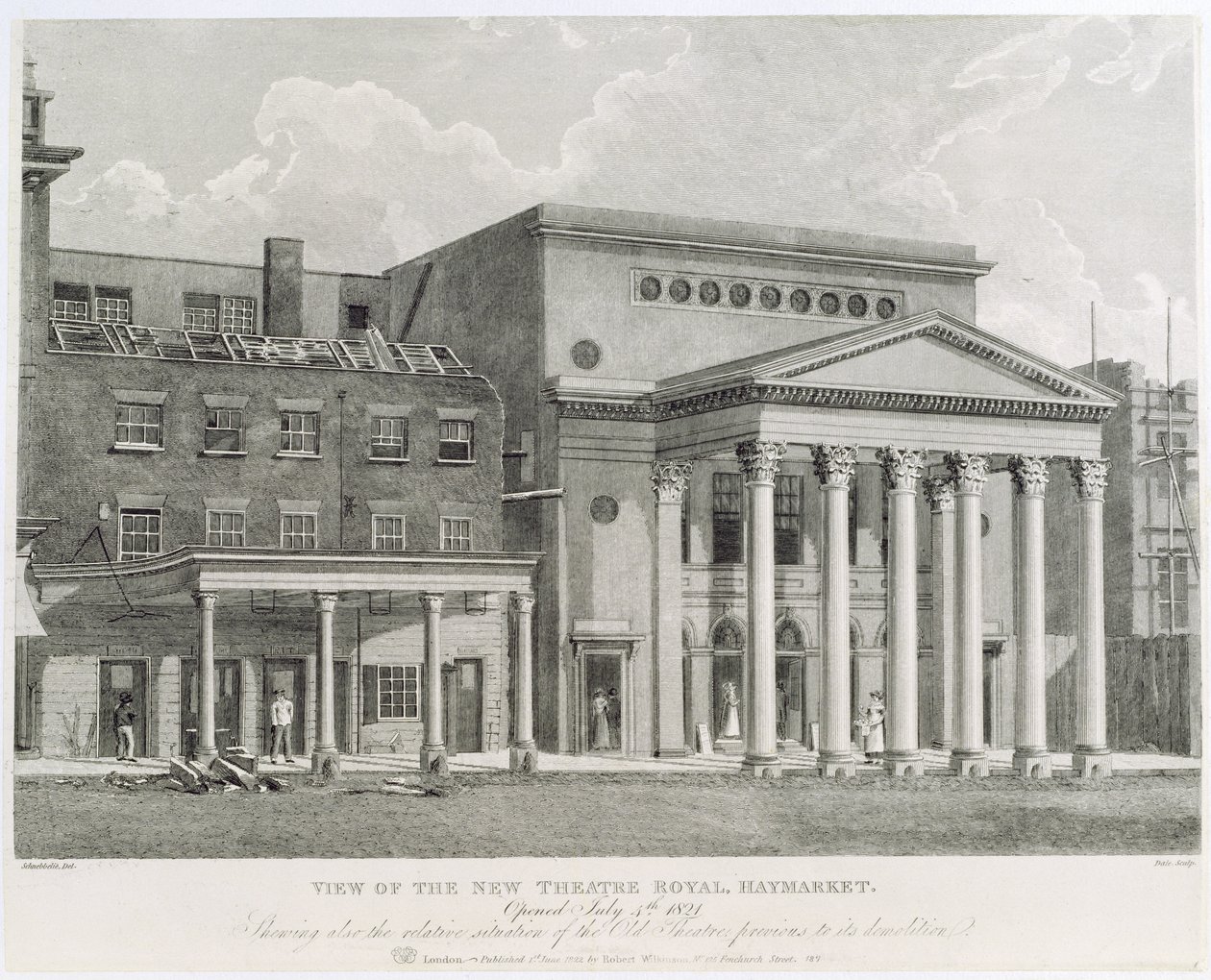 Utsikt över New Theatre Royal, Haymarket, öppnade 4 juli 1821, visar också den relativa situationen för den gamla teatern före rivningen, graverad av Dale, 1822 av Robert Blemell Schnebbelie
