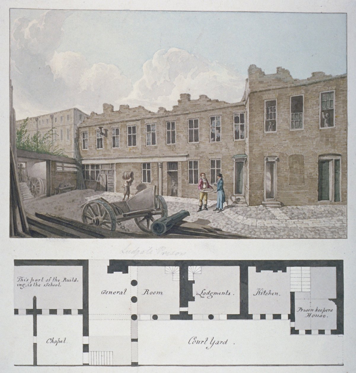 Ludgate Prison med en plan över London Workhouse, Bishopsgate, under, City of London, 1818 av Robert Blemmell Schnebbelie