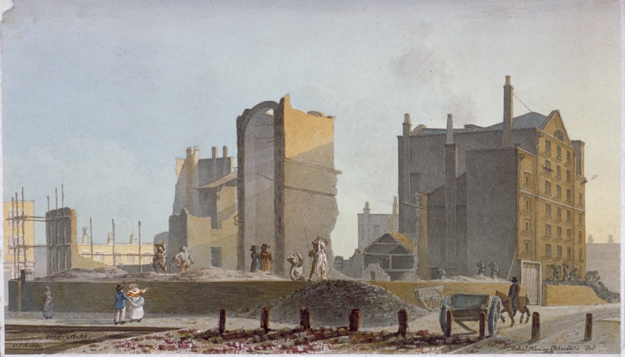 Förstörd byggnad, Commercial Road, Stepney, London, 1820 av Robert Blemmell Schnebbelie