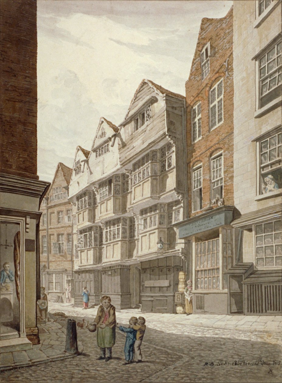 Sydvästlig vy av ett gammalt korsvirkeshus i Ship Yard, Westminster, London, 1815 av Robert Blemmell Schnebbelie