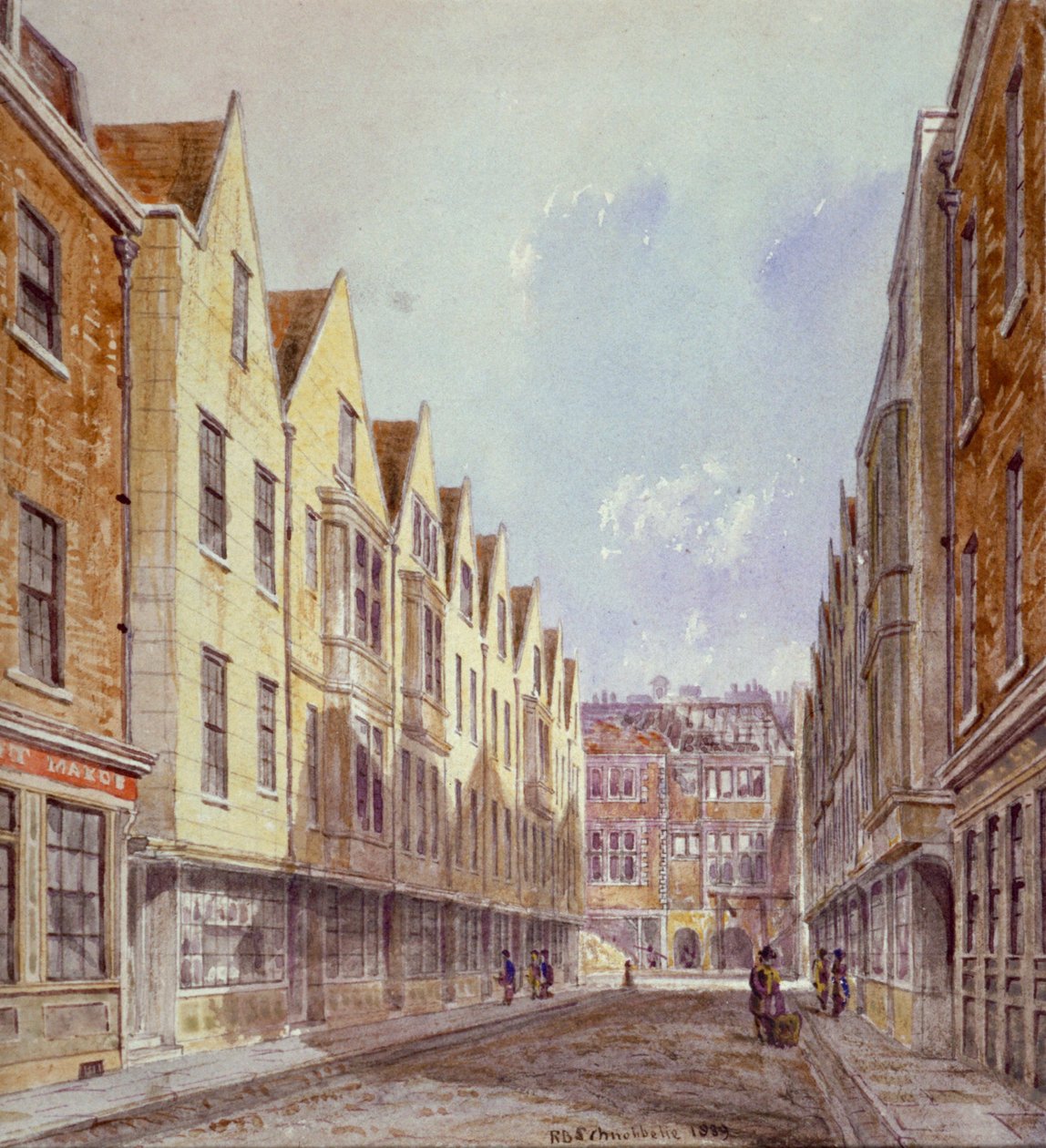 Utsikt över Great Winchester Street med Winchester Place synligt i fjärran, London, 1839. av Robert Blemmell Schnebbelie