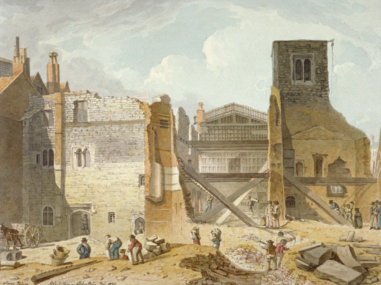 Utsikt över rivningen av Savoy Palace, Westminster, London, 1820 av Robert Blemmell Schnebbelie