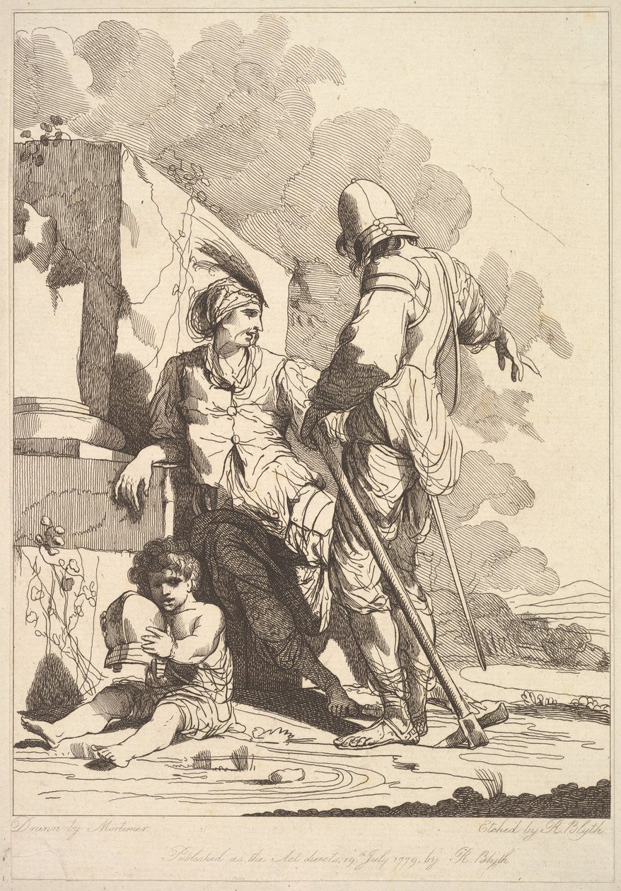 Två soldater och barn som håller en hjälm, 19 juli 1779. av Robert Blyth