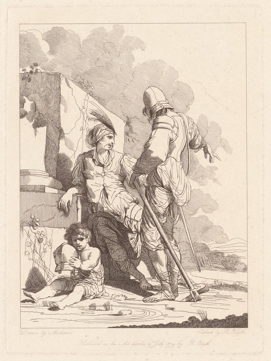2 人の兵士とヘルメットを保持している子供スウェーデン語 av Robert Blyth, after John Hamilton Mortimer