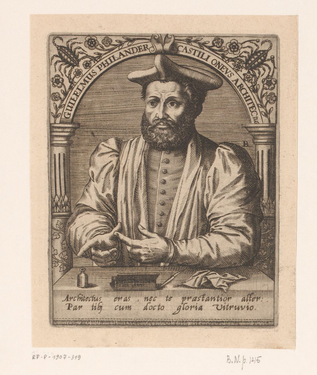 Porträtt av Guillaume Philandrier Guilelmus Philander Castili oneus architectus (titel på objekt) Porträttserie av forskare från 1400- och 1500-talet (serietitel) av Robert Boissard