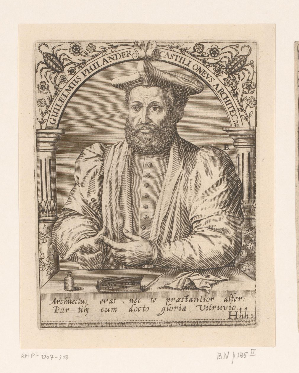 Porträtt av Guillaume Philandrier Guilelmus Philander Castili oneus architectus (titel på objekt) Porträttserie av forskare från 1400- och 1500-talet (serietitel) av Robert Boissard