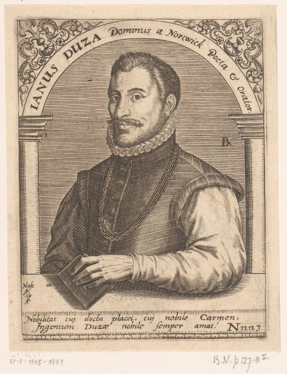Porträtt av Janus Dousa Janus Duza Dominus en Nortwick Poeta & Orator. (titel på objekt) Porträttserie av forskare från 1400- och 1500-talet (serietitel) av Robert Boissard