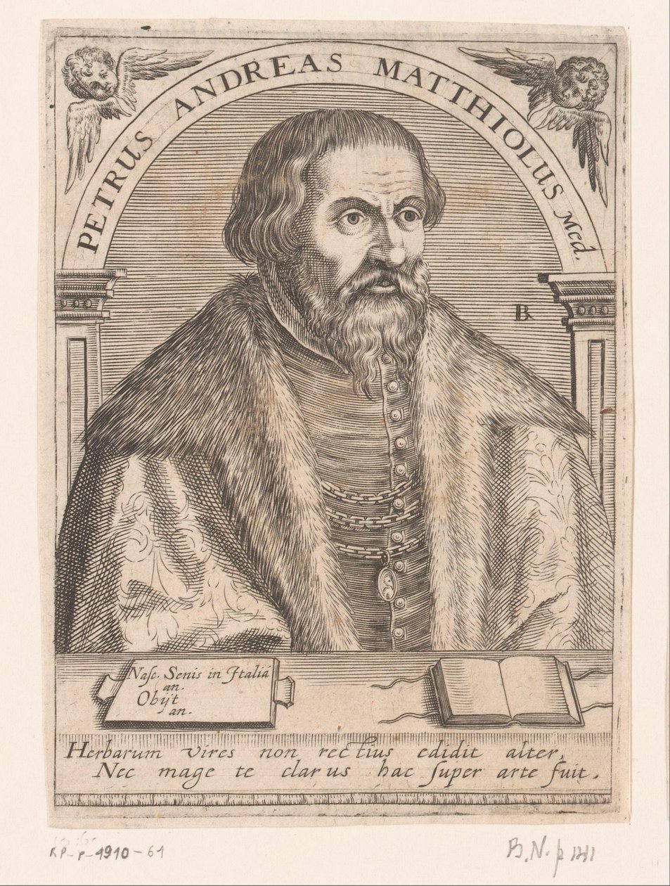 Porträtt av Pietro Andrea Mattioli Peter Andrew Matthews Med. (titel på objekt) Porträttserie av forskare från 1400- och 1500-talet (serietitel) av Robert Boissard