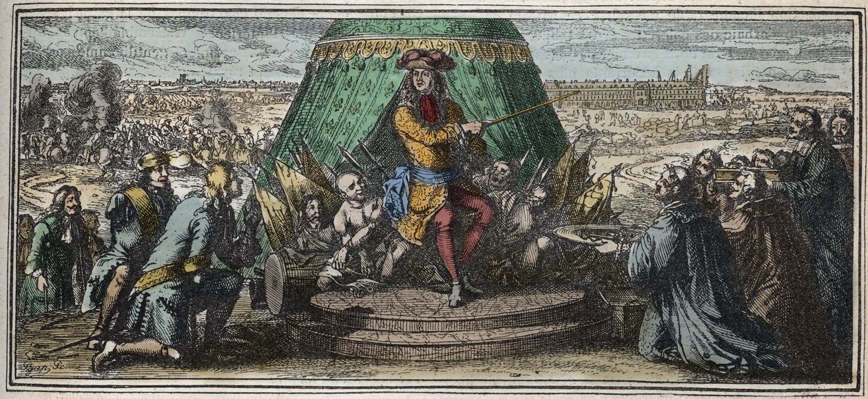 Byggandet av Les Invalides 1670 - Allegori om grunden av Hotel des Invalides - Ludvig XIV som visar sina gamla lemlästade soldater Hotel des Invalides under konstruktion gravyr av Robert Bonnart (1652-1729) av Robert Bonnard