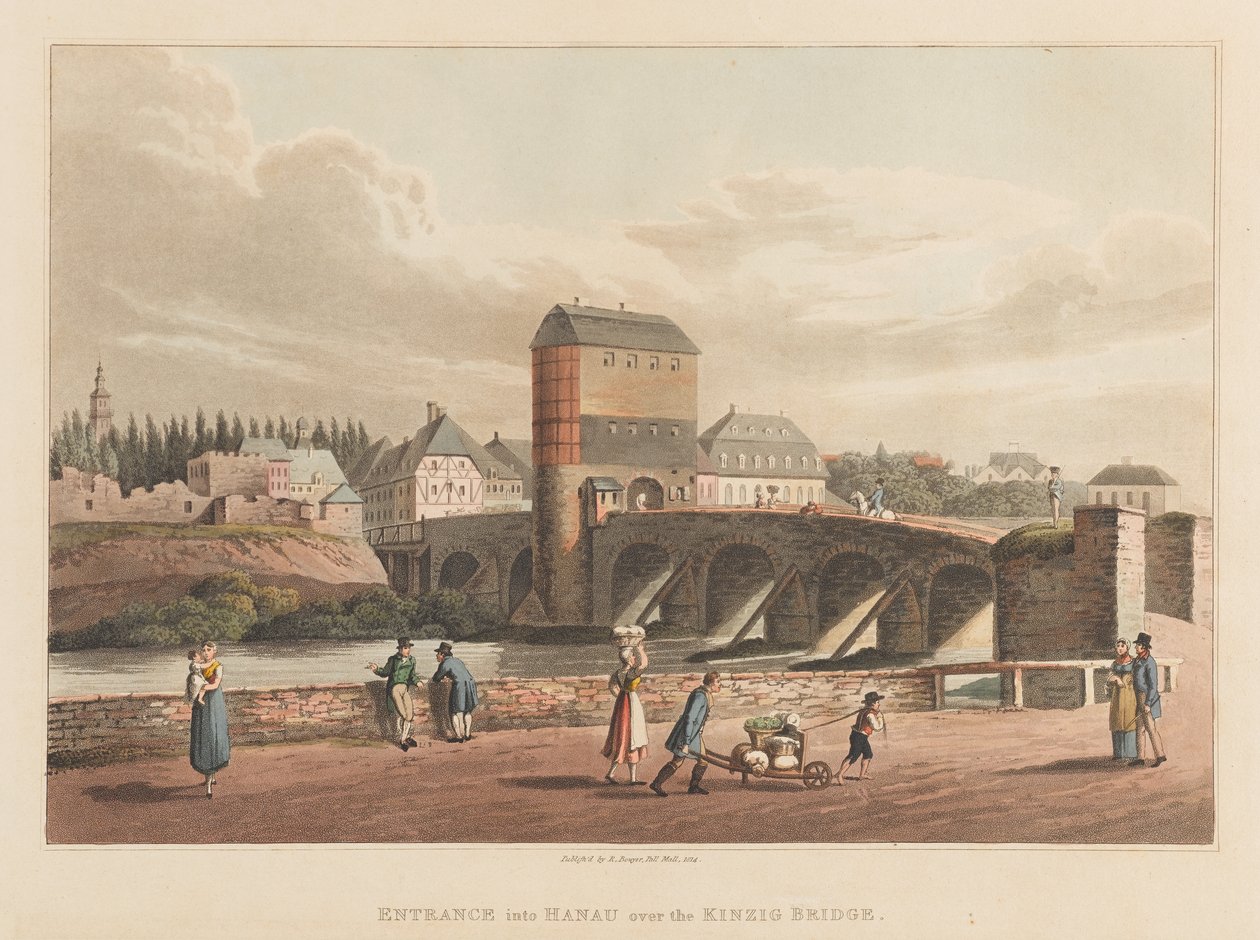 Ingång till Hanau över Kinzigbron, 1814 (akvatint) av Robert Bowyer