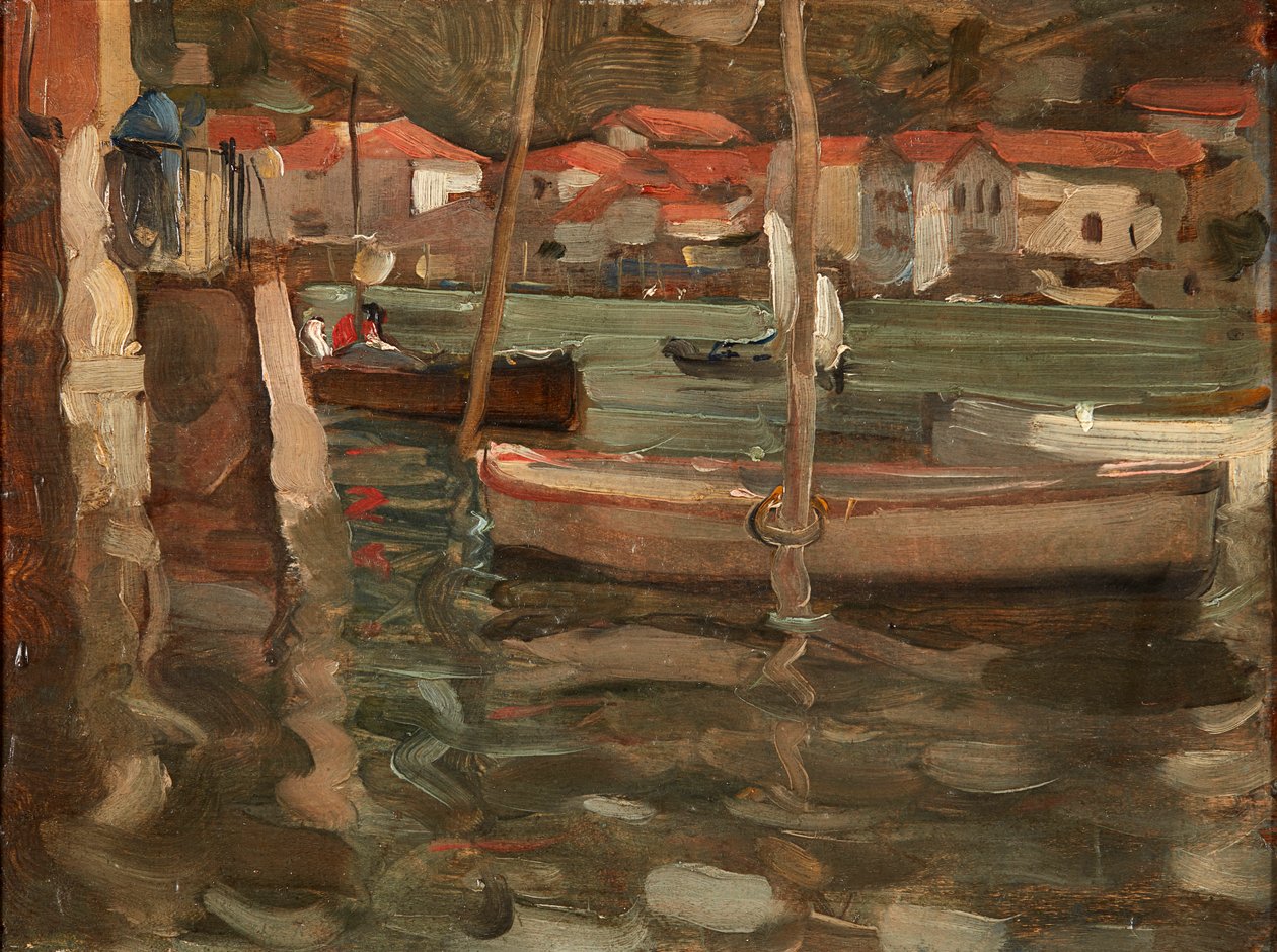 Roddbåtar vid en hamnkaj, Concarneau (olja på panel) av Robert Brough