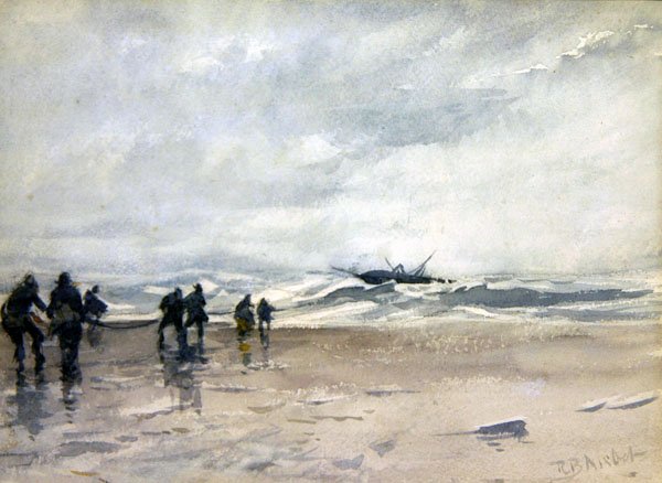 Fiskare som drar in en nödställd fiskebåt (akvarell på papper) av Robert Buchan Nisbet