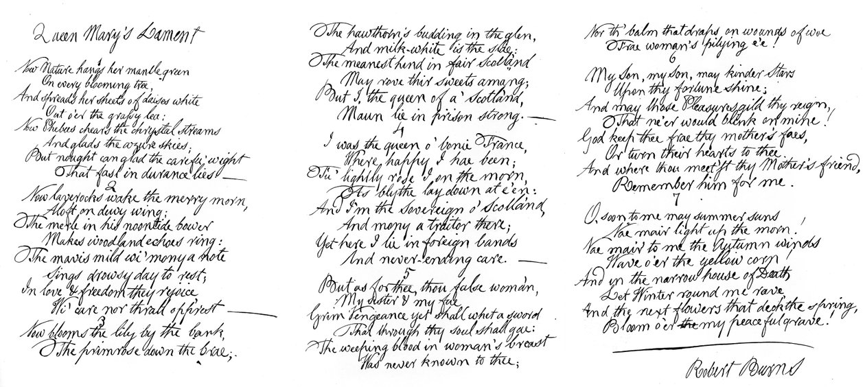 Queen Marys Lament, dikt i handstil av Robert Burns, sent 1700-tal, 1840 av Robert Burns