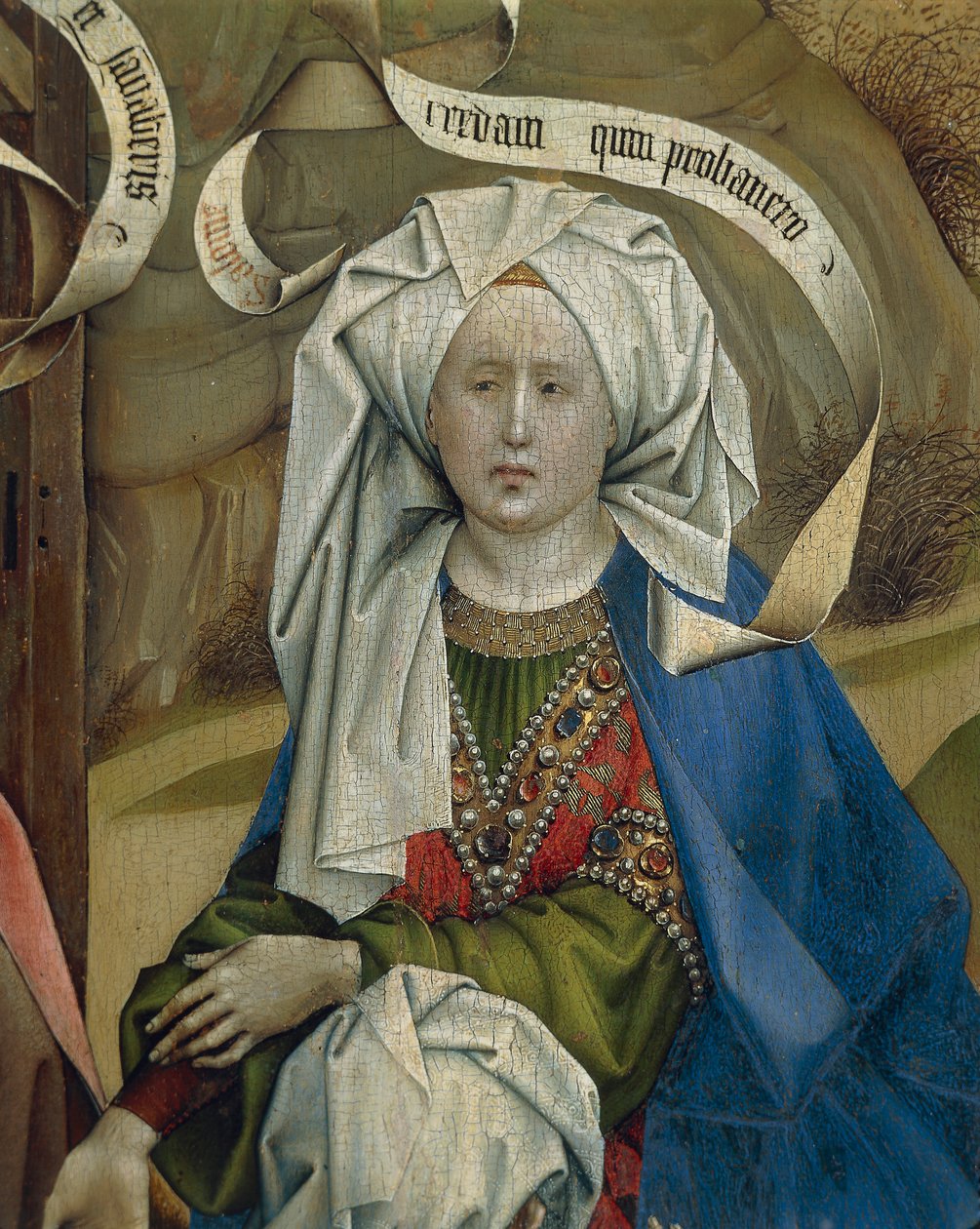 Detalj som representerar kvinnan från födseln, av Flemalles mästare Robert Campin (1375/1379-1444), olja på panel, cirka 1420 av Robert Campin