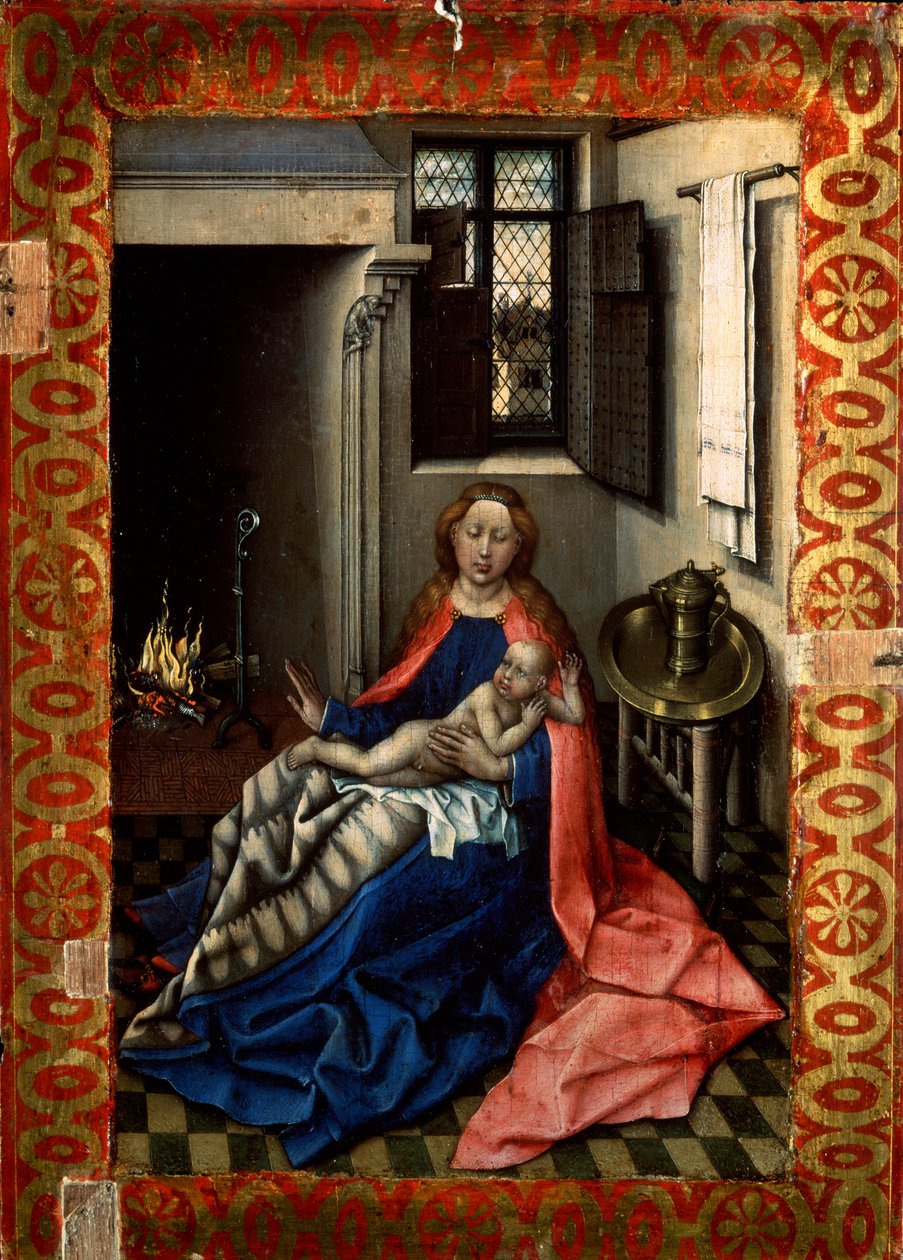 Madonna och barn framför en öppen spis, 1430-talet. av Robert Campin