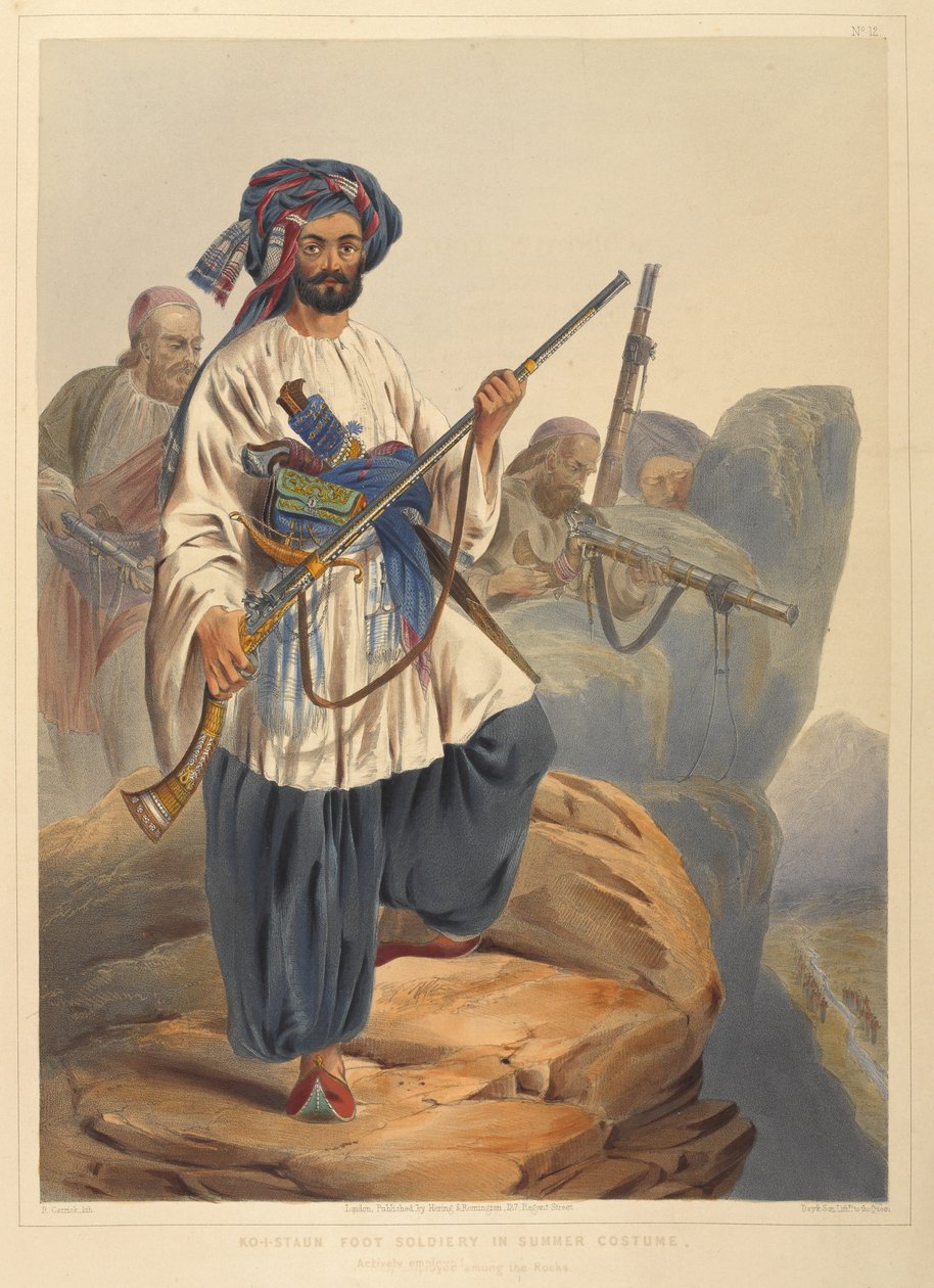 Ko-i-Staun fotsoldat i sommardräkt, aktivt anställd bland klipporna (färg litho) av Robert Carrick