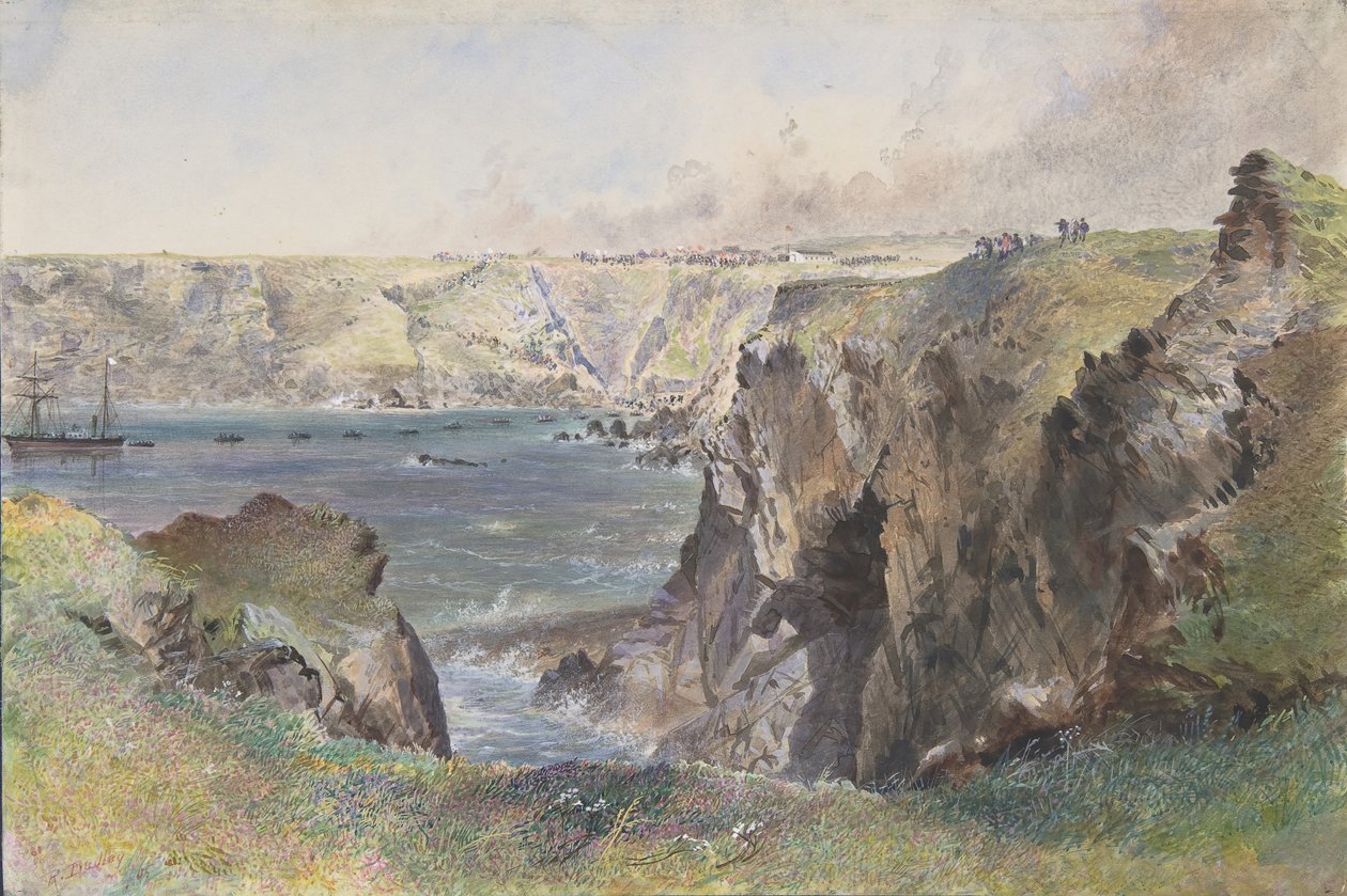 Foilhummerum Bay, Valentia, från Cromwell Fort: The Caroline Laying the Earthwire den 21 juli 1865. av Robert Charles Dudley