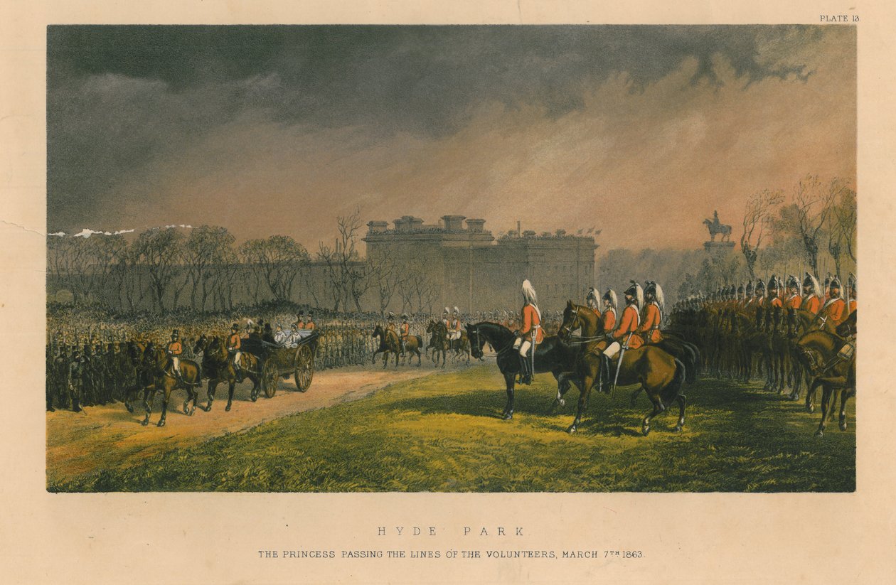 Hyde Park - prinsessan passerar de frivilliga, 7 mars 1863, 1863 av Robert Charles Dudley