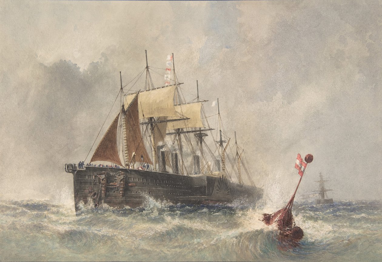 Sjösättning av bojen från fören av Great Eastern den 8 augusti 1865, 1865-66. av Robert Charles Dudley