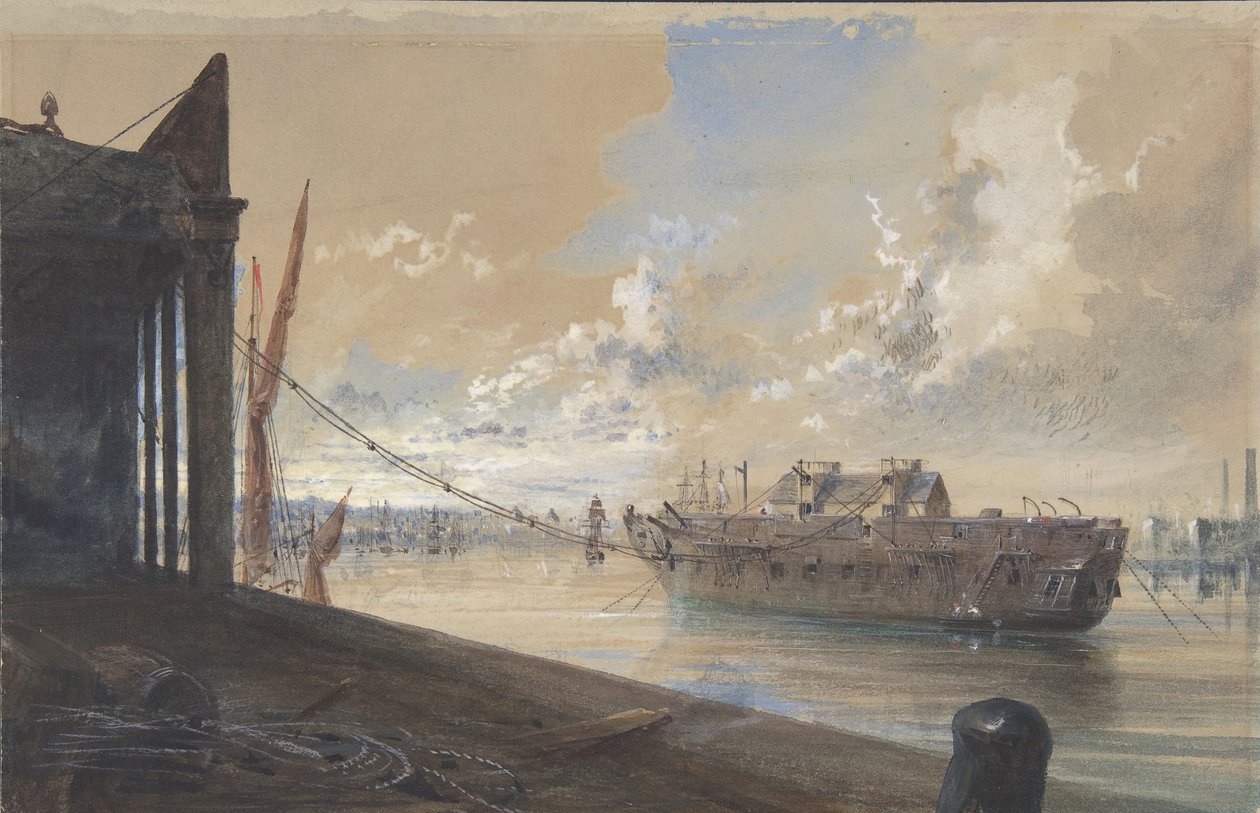 Kabeln gick från verket till hulken den gamla fregatten Iris som ligger i Themsen..., 1865-66 av Robert Charles Dudley