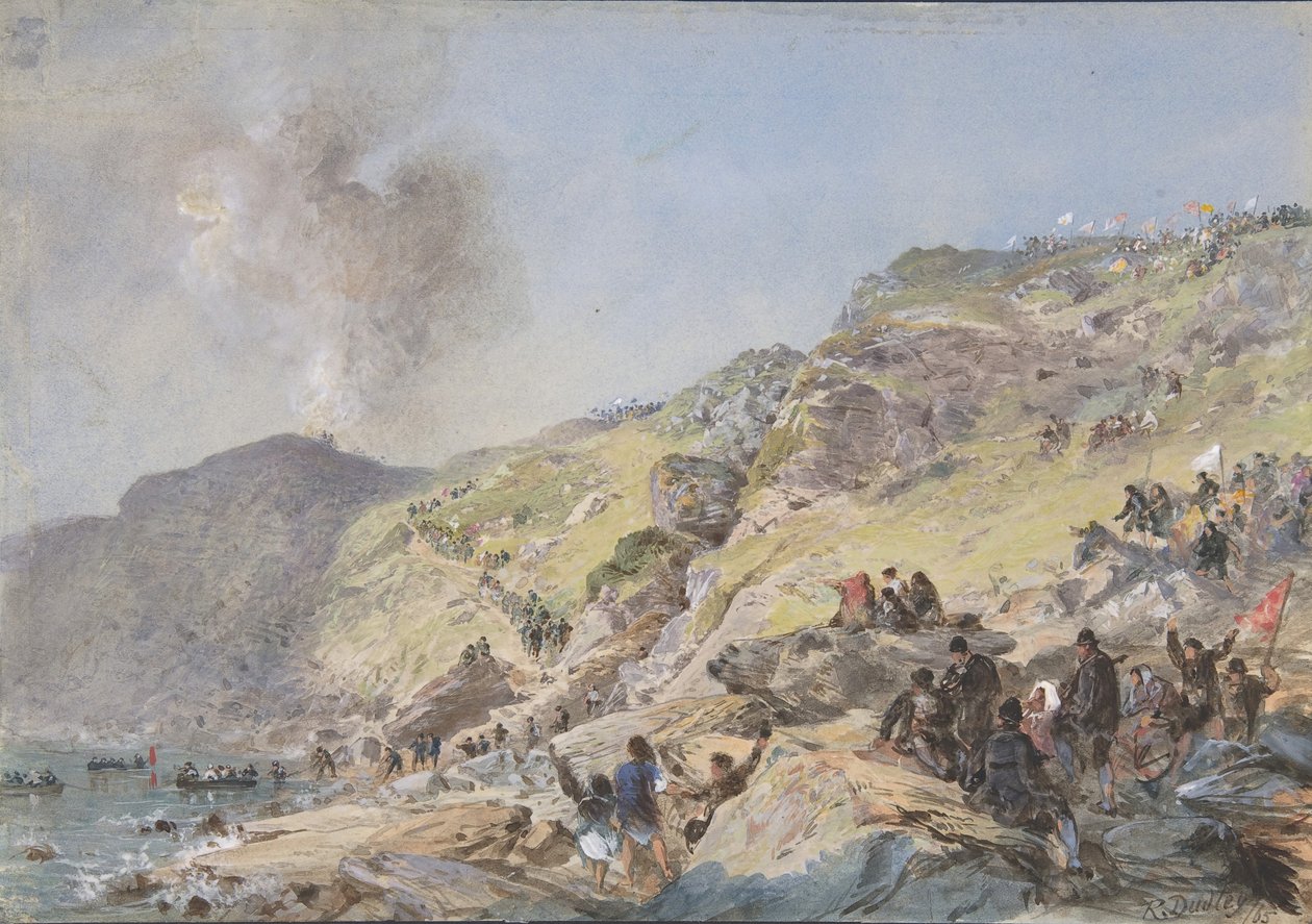 Klipporna, Foilhummerum Bay, Valentia, punkten där kabelns strandkant..., 1865, 1865 av Robert Charles Dudley