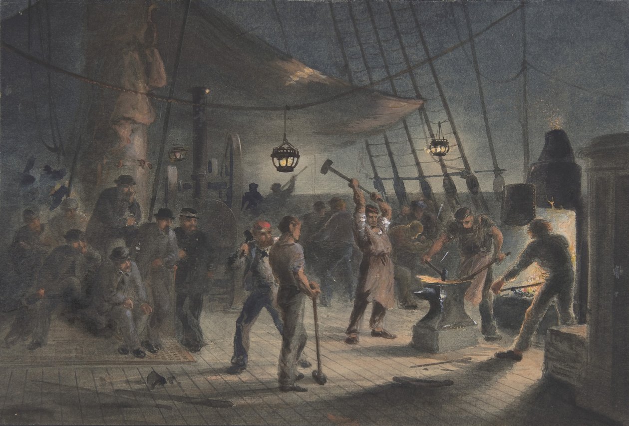 Smedjan på däck, natten den 9 augusti: Förberedelse av järnplätering för Capstan, 1865-66. av Robert Charles Dudley
