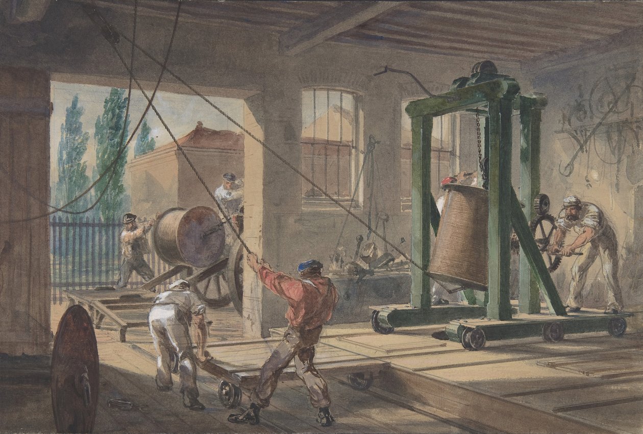 Rullarna av Guttaperka täckt ledande tråd transporterad till tankar på verket..., 1865-66. av Robert Charles Dudley