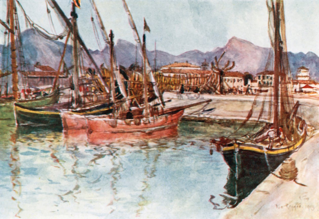 Kustning av fartyg i hamnen i Viareggio (färglitografi) av Robert Charles Goff