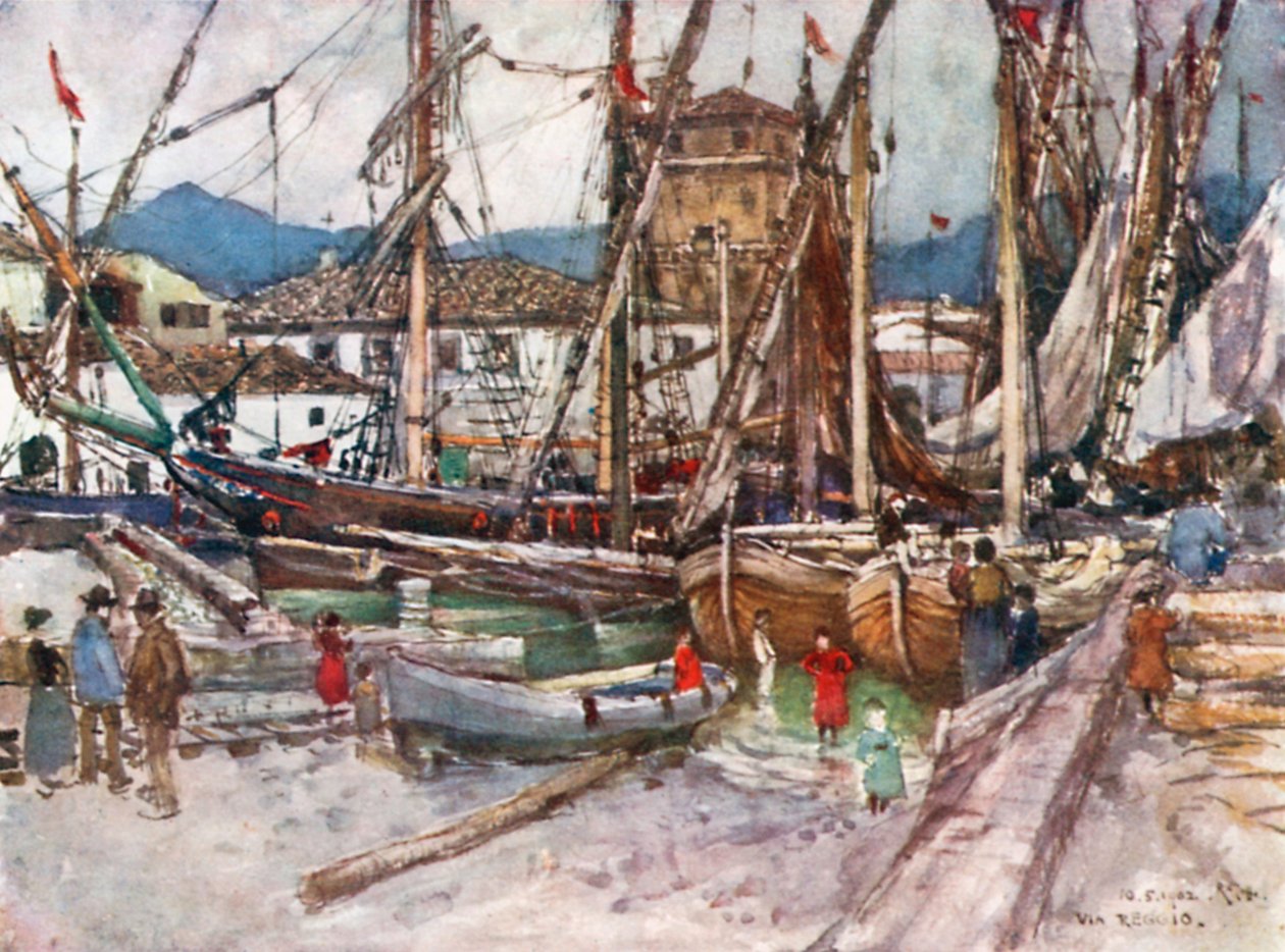 Trångt fartyg i bassängen vid Viareggio (färglitografi) av Robert Charles Goff