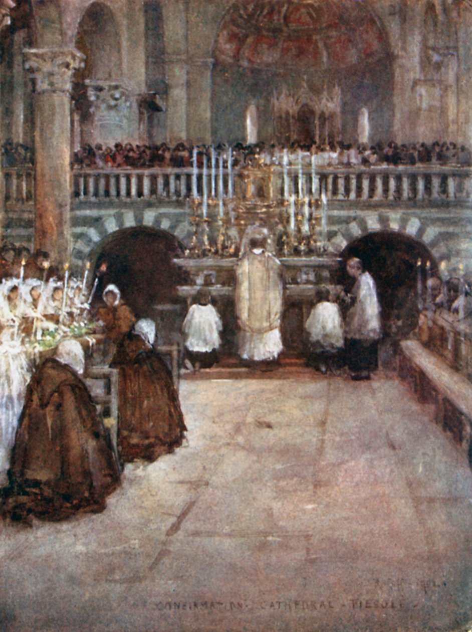 Första kommunionen för barnen i Fiesole (färglitografi) av Robert Charles Goff