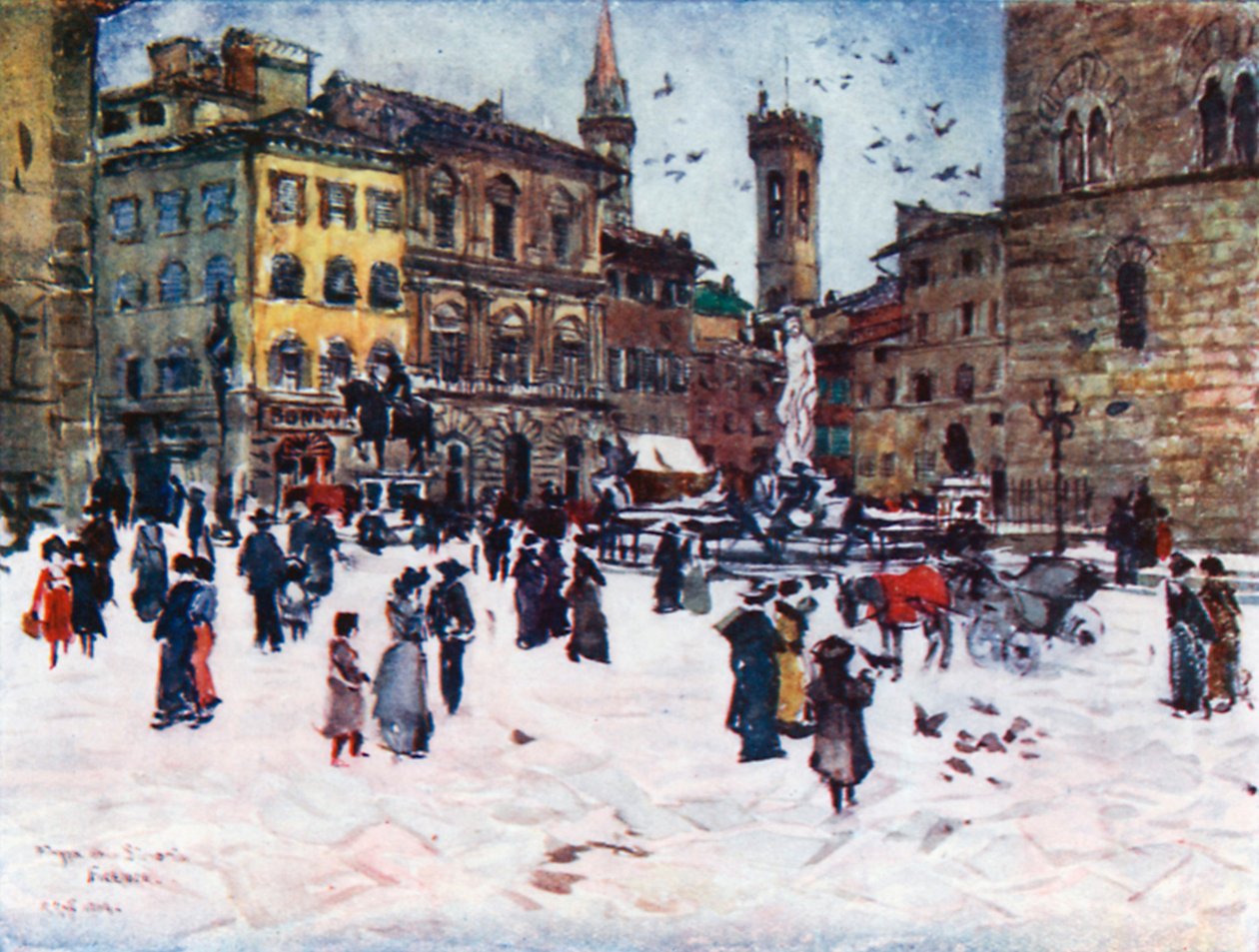 Piazza Della Signoria, med Palazzo Vecchio, Bargello-tornen och Badia (färglitografi) av Robert Charles Goff