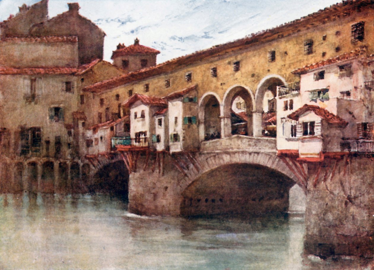 Studie, som visar östra sidan av Ponte Vecchio och de gamla husen på Via de