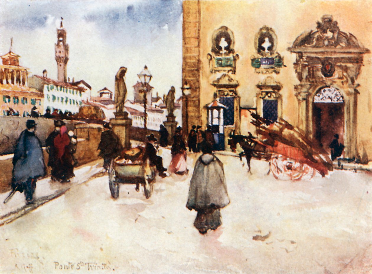 Frescobaldi-palatset med Ponte Santa Trinita och Palazzo Vecchios torn (färglitografi) av Robert Charles Goff
