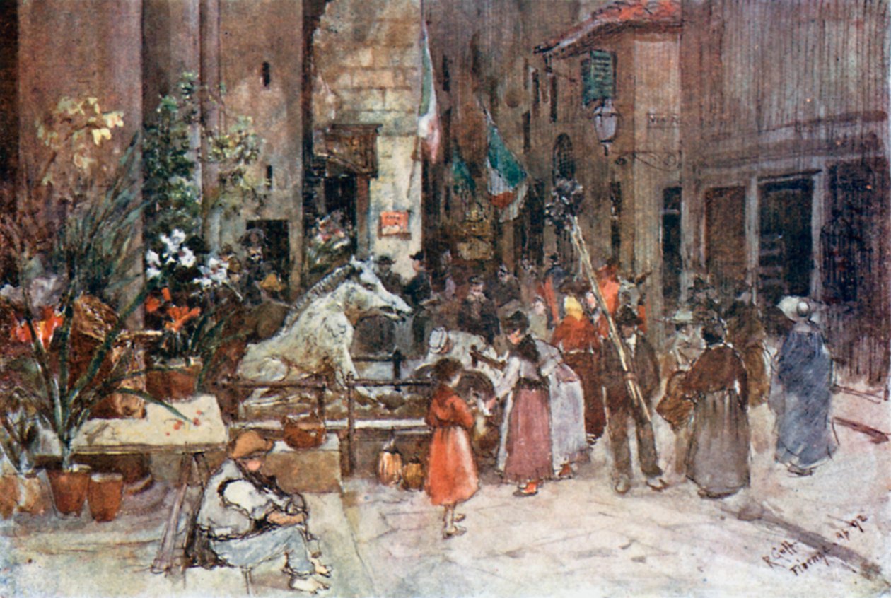 Mercato Nuovo, år 1884 (färglitografi) av Robert Charles Goff