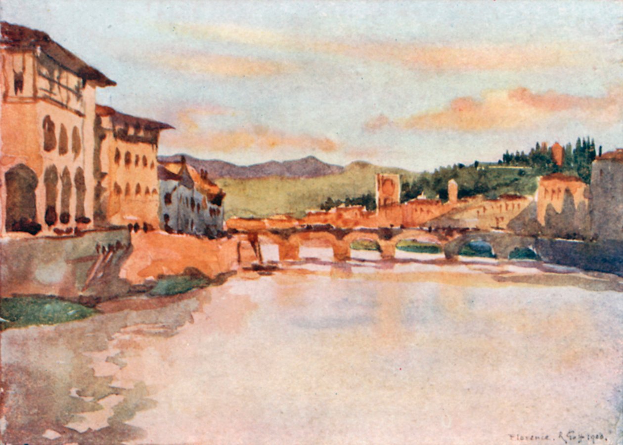 Vy mot öster från Ponte Vecchio vid solnedgången, med S Miniato-kullen och Ponte Alle Grazie (färglitografi) av Robert Charles Goff